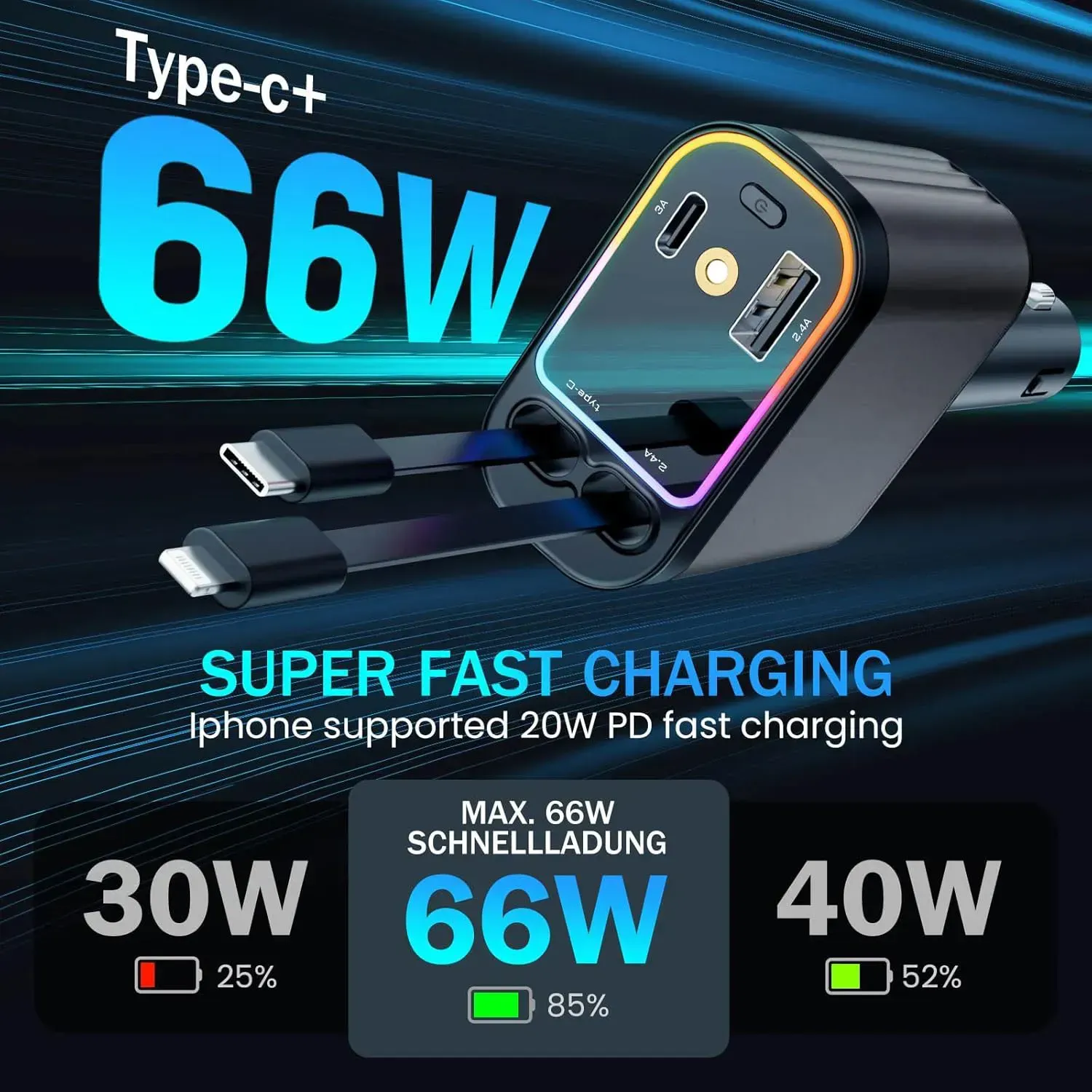 - 4 in 1 Retractable Car Charger With Stary Lights